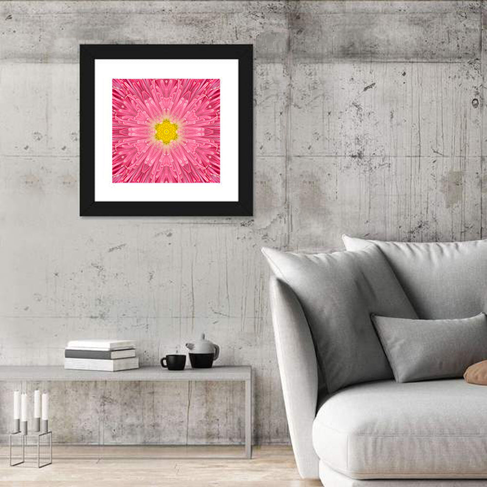 Kaleidoscopic Daisy Mandala Bloom Wall Art in a room, square