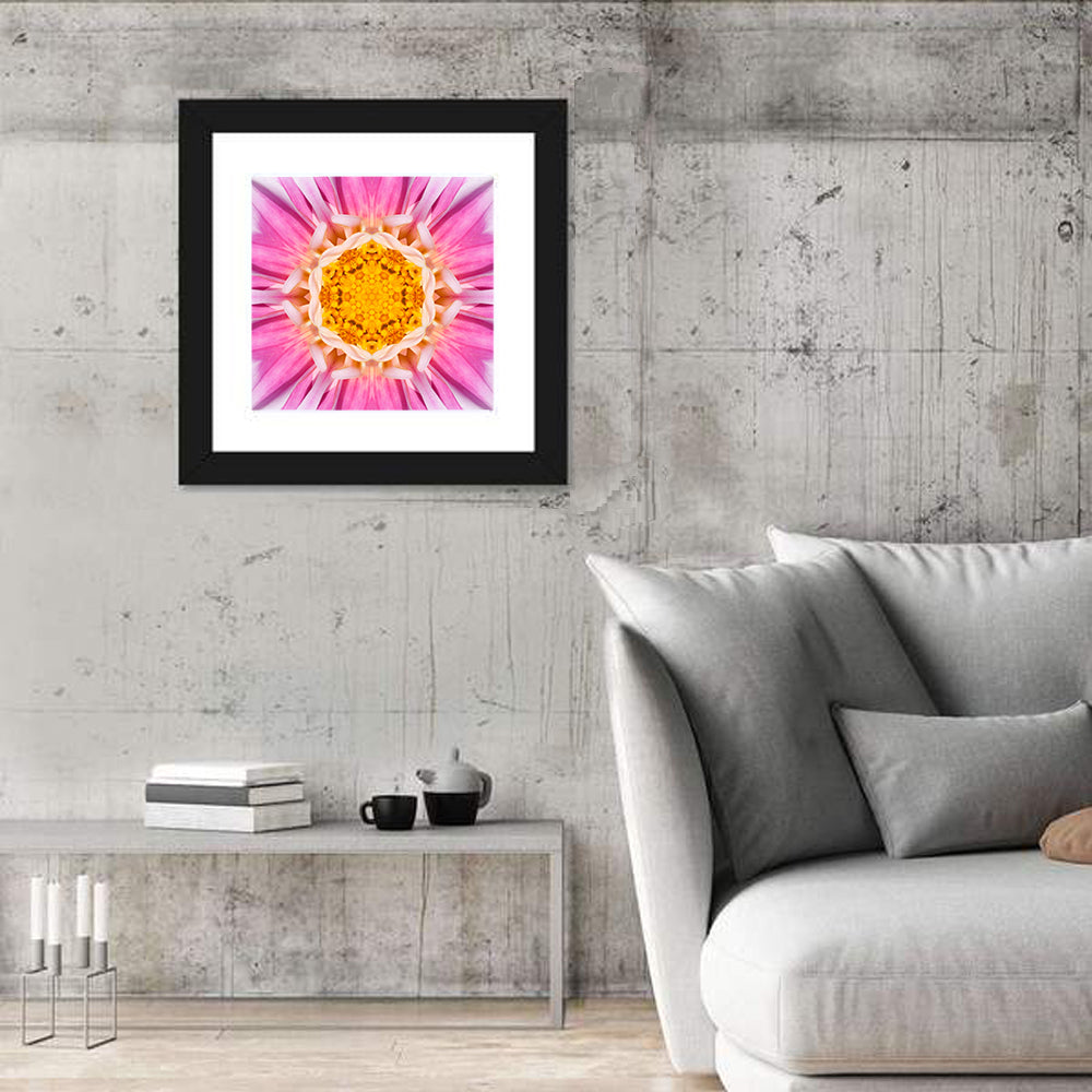 Kaleidoscopic Dahlia Mandala Bloom Wall Art in a room, square