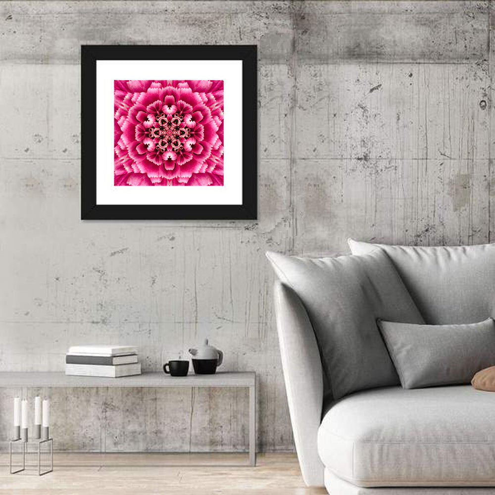 Kaleidoscopic Pink Chrysanthemum Mandala Wall Art in a room, square