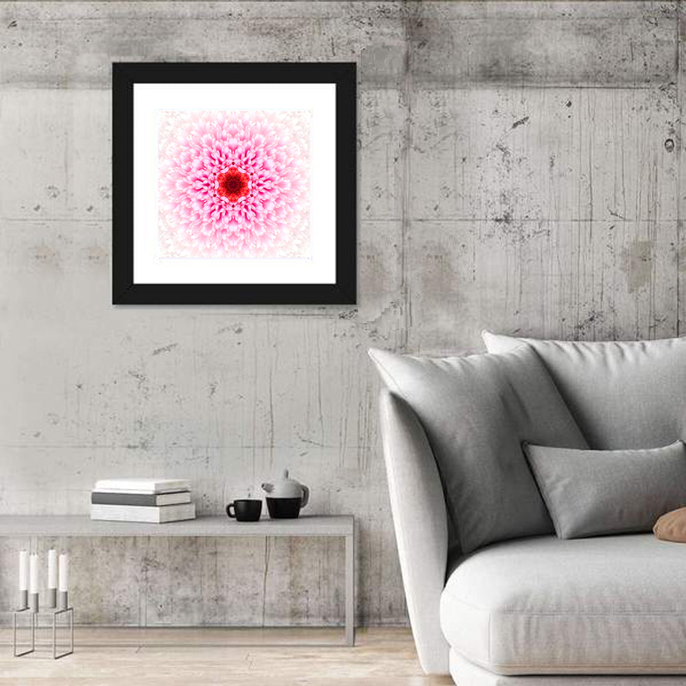 Pink Chrysanthemum Mandala with Deep Red Center Wall Art