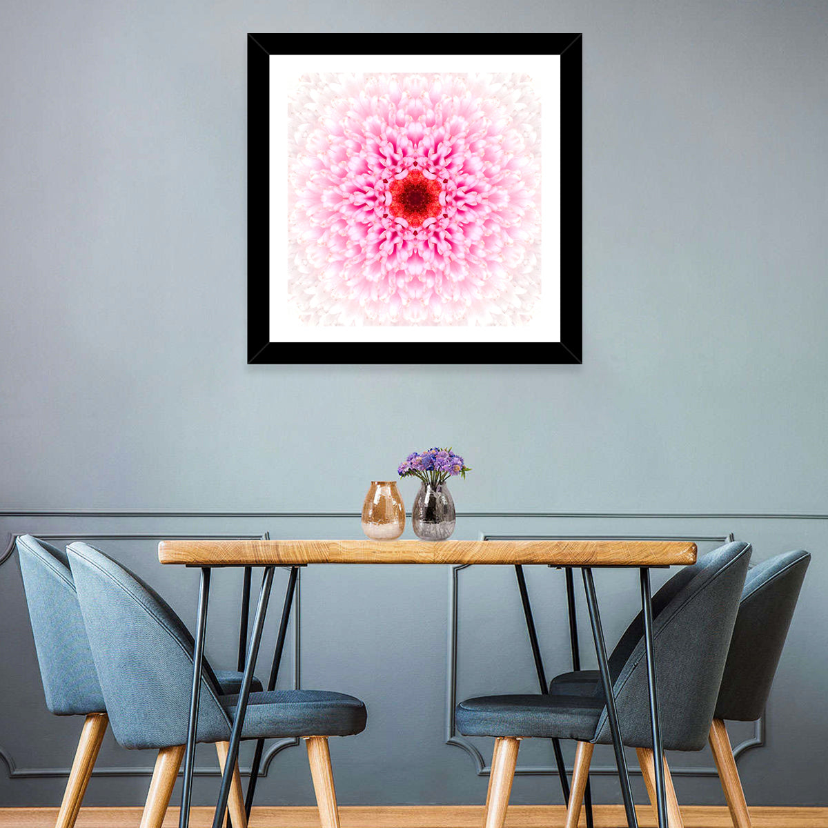 Pink Chrysanthemum Mandala with Deep Red Center Wall Art
