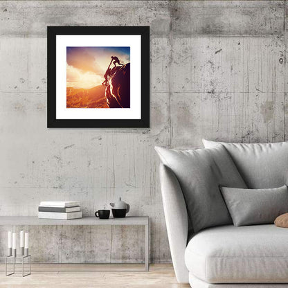 Two Hikers Summit Assist at Sunset Wall Art