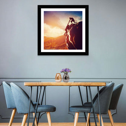 Two Hikers Summit Assist at Sunset Wall Art