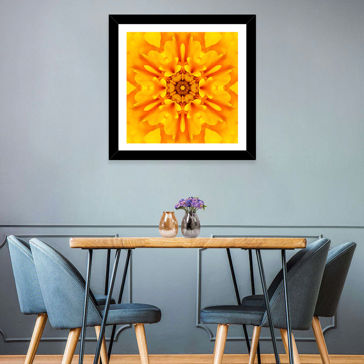 Golden Dahlia Mandala Wall Art in a room, square