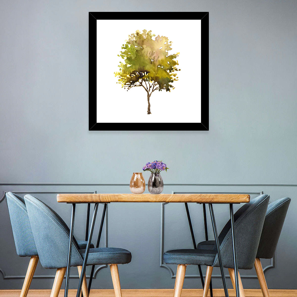 Olive Green Watercolor Tree Wall Art in a room, square