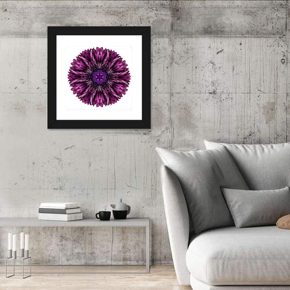 Purple Cornflower Kaleidoscope Mandala Wall Art in a room, square