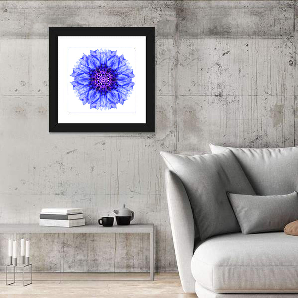 Cornflower Mandala with Dark Violet Center Wall Art in a room, square