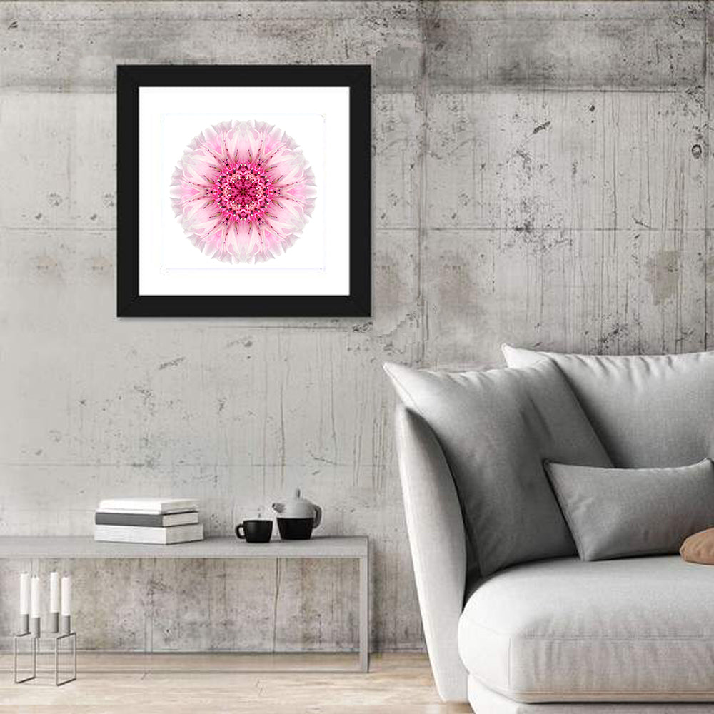 Pink Cornflower Kaleidoscope Mandala Wall Art in a room, square