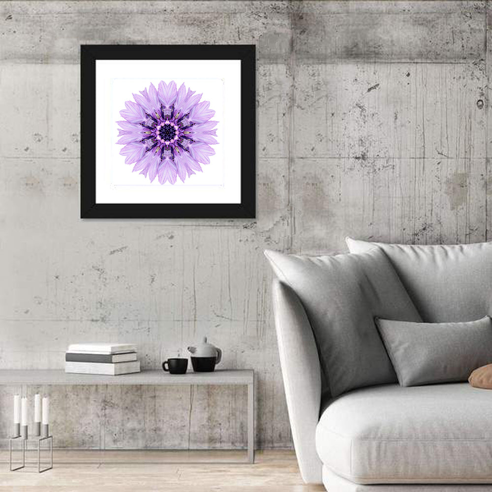 Lavender Cornflower Mandala Wall Art in a room, square