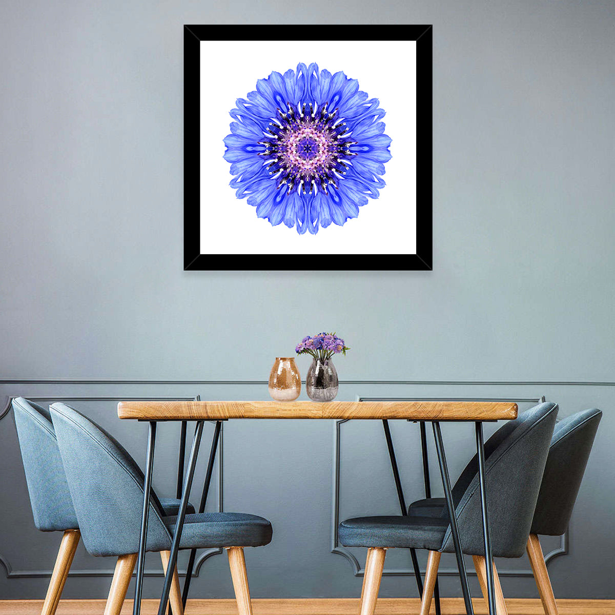 Blue Cornflower Mandala Pattern Wall Art in a room, square