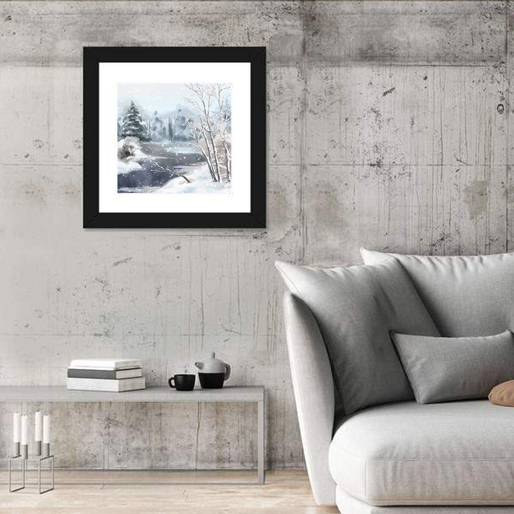 Snowy Stream in Winter Forest Wall Art in a room, square