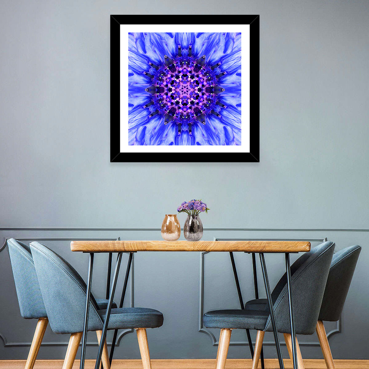 Kaleidoscopic Cornflower Mandala Wall Art in a room, square