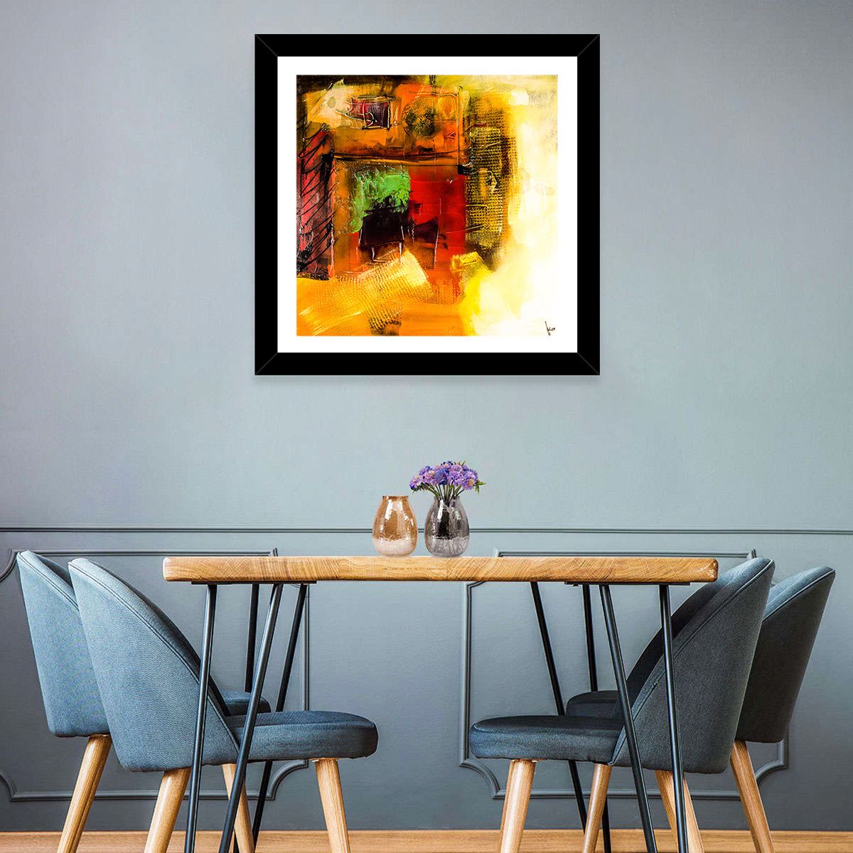 Layered Geometric Abstract in Warm Tones Wall Art in a room, square