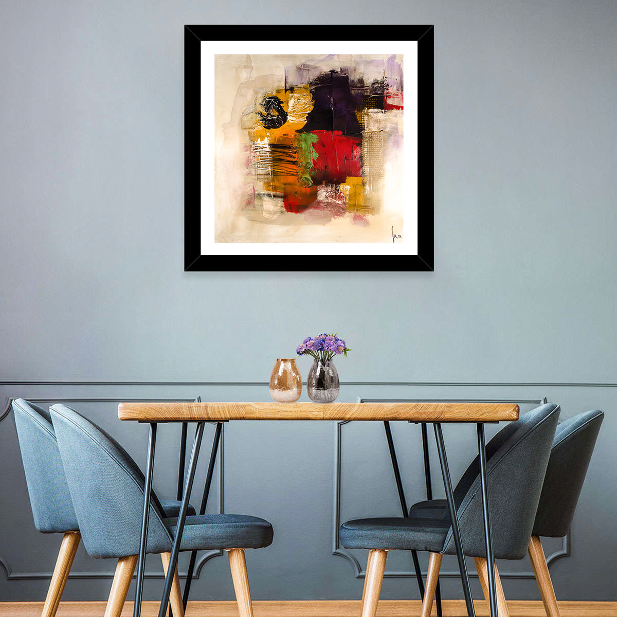 Bold Color Block Abstract with Black Circle Wall Art