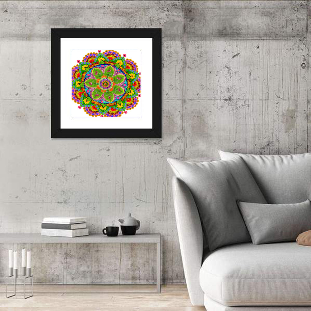 Vibrant Floral Petal Mandala Wall Art in a room, square