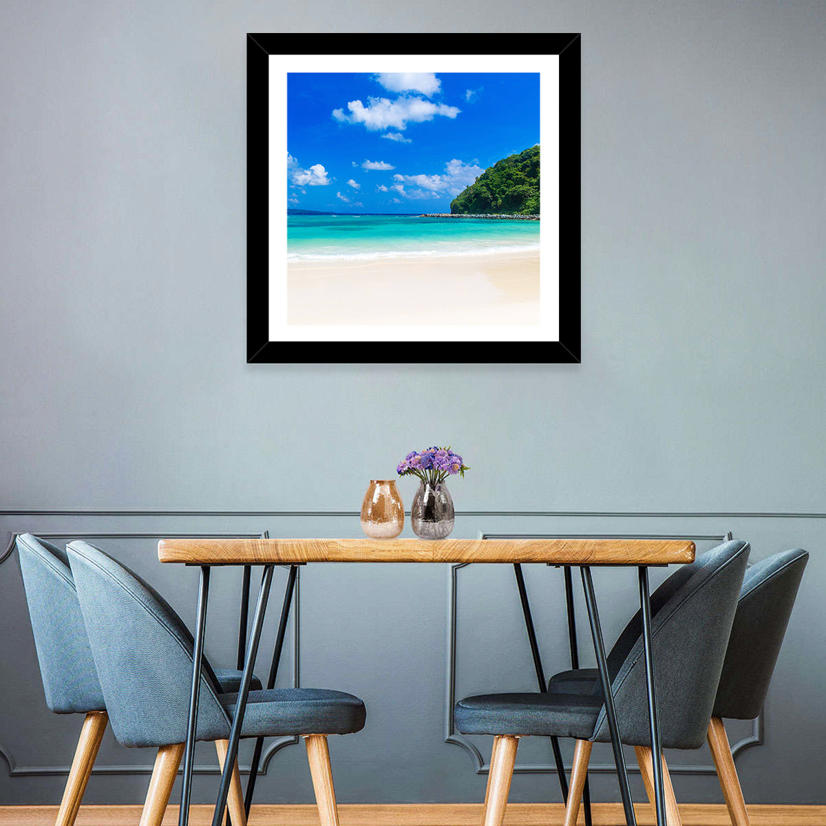 Turquoise Tropical Beach Scene Wall Art in a room, square
