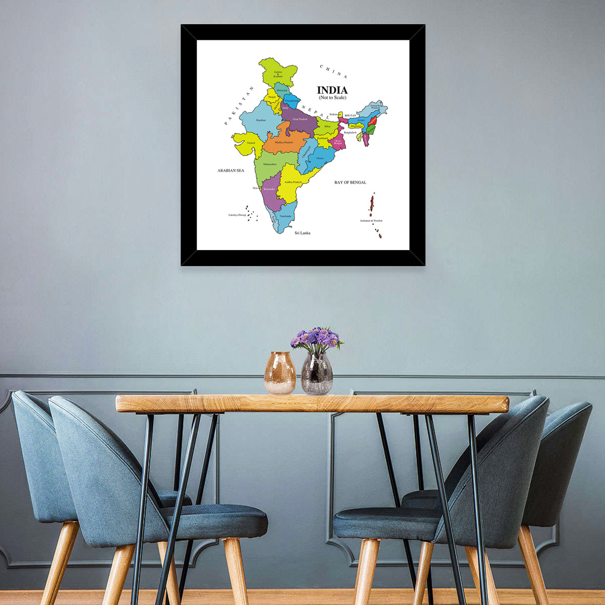 Colorful Political Map of India Wall Art in a room, square