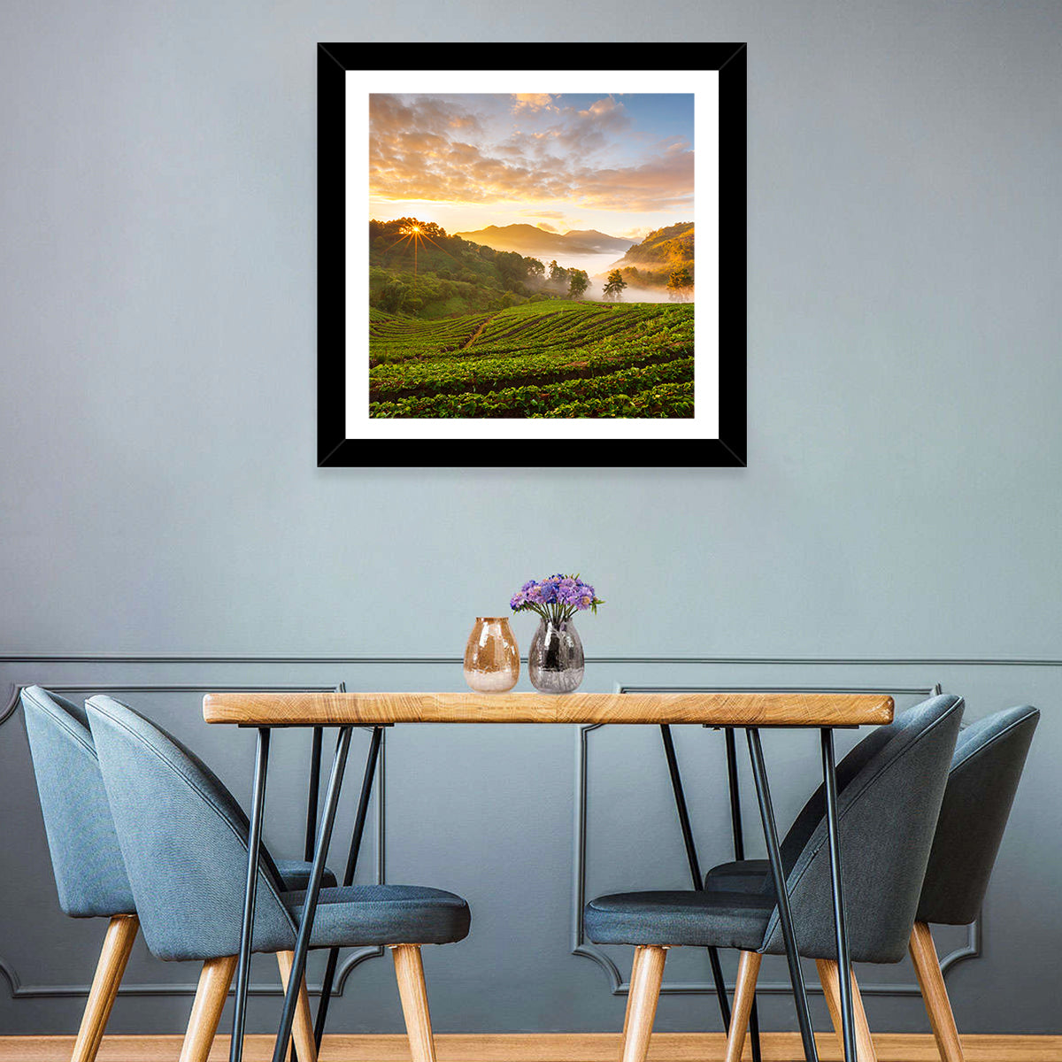 Strawberry Fields Sunrise Wall Art in a room, square