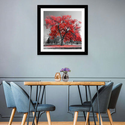 Winter Tree with Red Leaves Wall Art