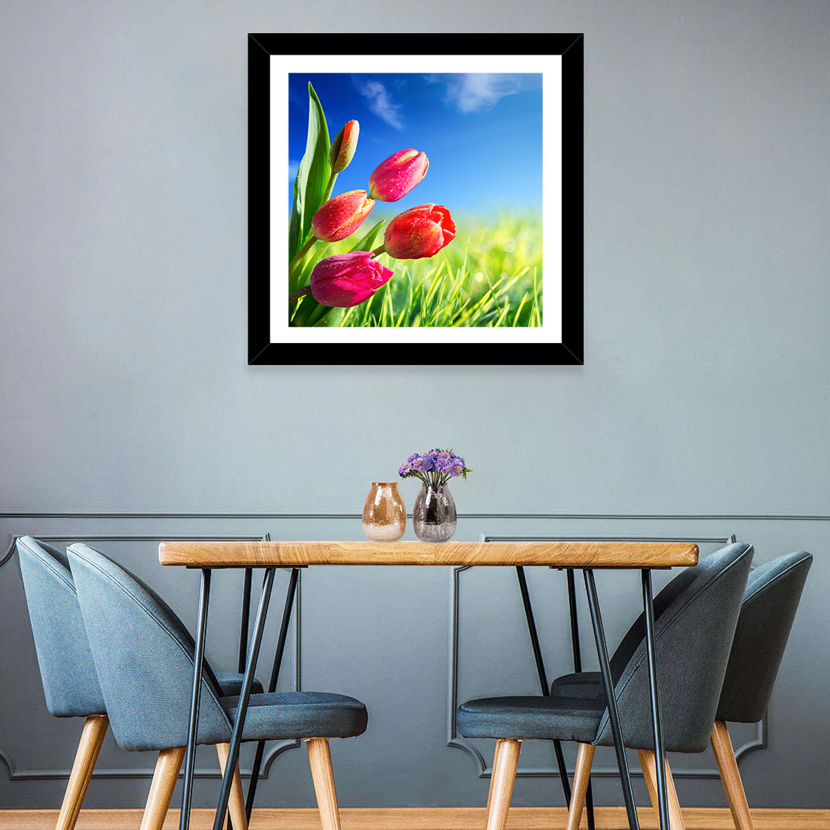 Dewy Red Tulips Under Blue Sky Wall Art