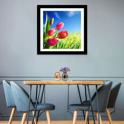 Dewy Red Tulips Under Blue Sky Wall Art