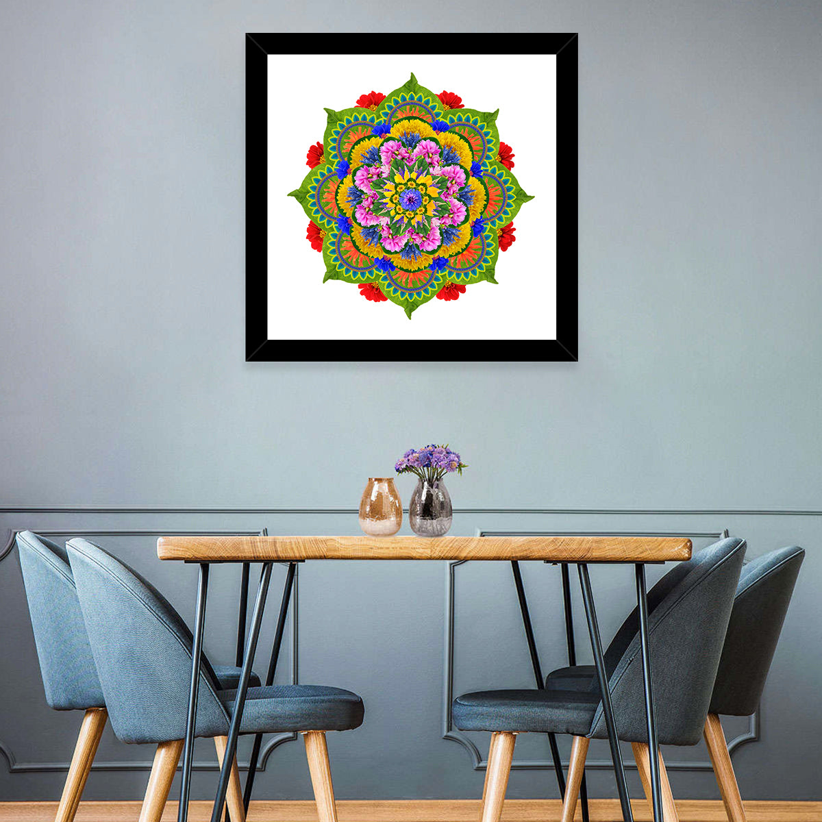 Vibrant Lotus Floral Mandala Wall Art in a room, square