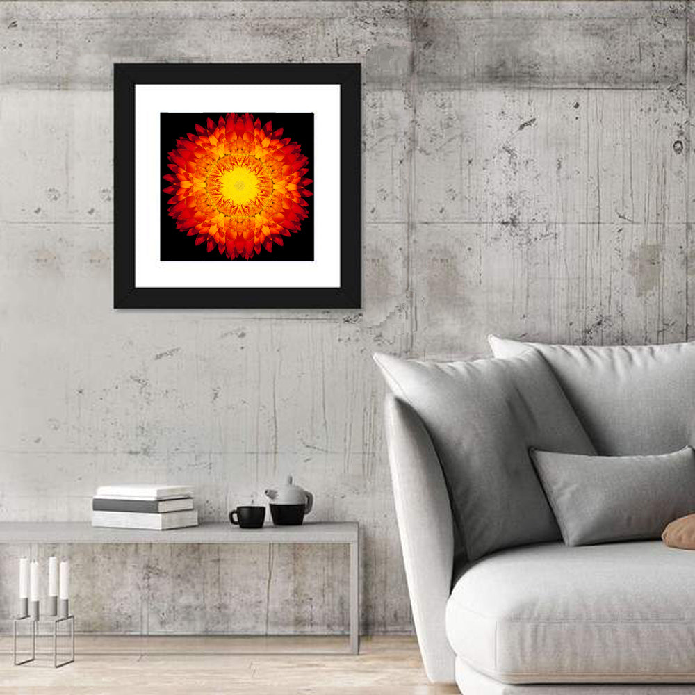Radiant Red Kaleidoscopic Mandala Flower Wall Art in a room, square