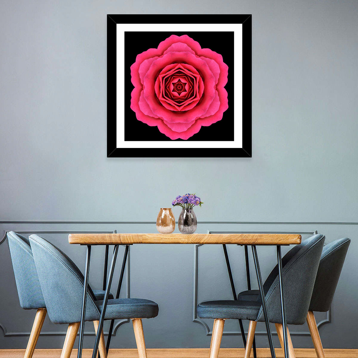 Magenta Rose Mandala Pattern Wall Art in a room, square