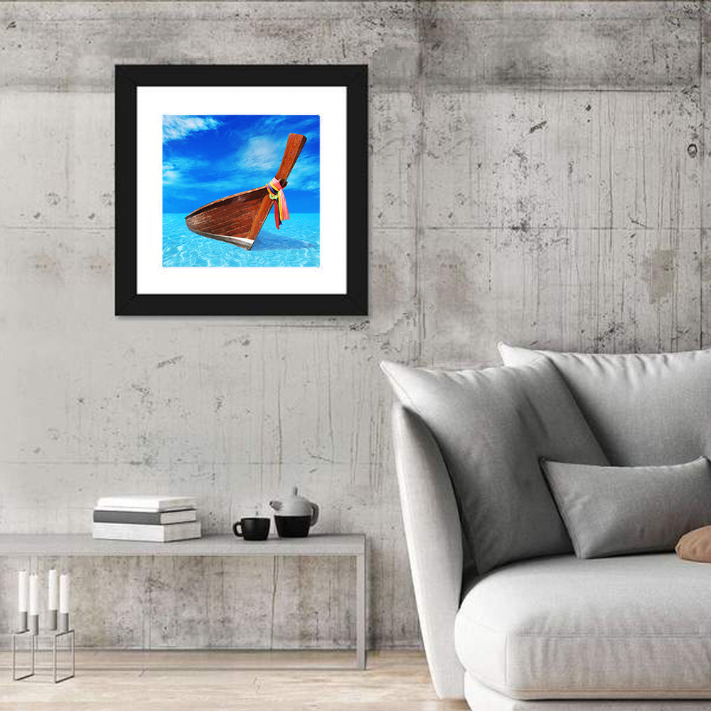 Long-tail Boat in Blue Sea Wall Art in a room, square