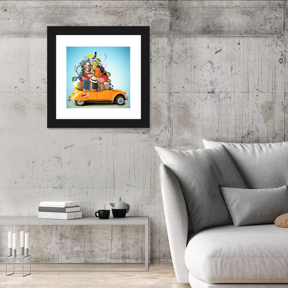 Orange Vintage Car Road Trip Getaway Wall Art in a room, square