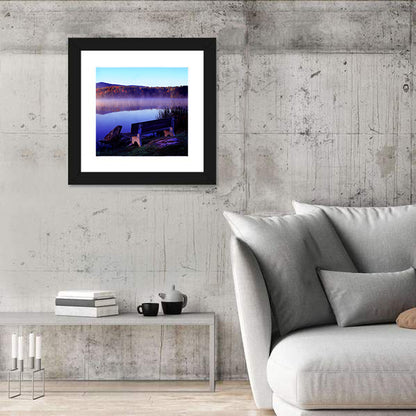 Bench at Misty Lake Sunrise Wall Art