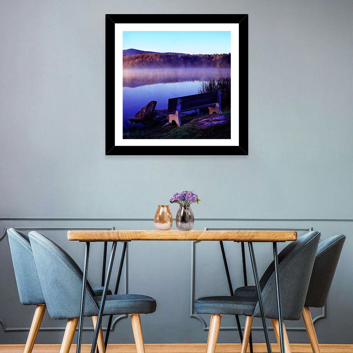 Bench at Misty Lake Sunrise Wall Art
