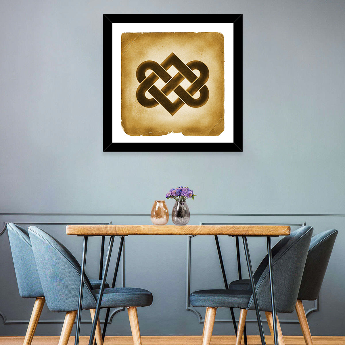 Gold Celtic Heart Knot Wall Art in a room, square