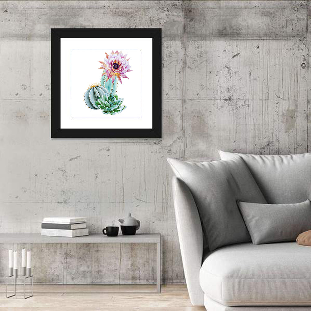 Blooming Cactus Watercolor Wall Art in a room, square
