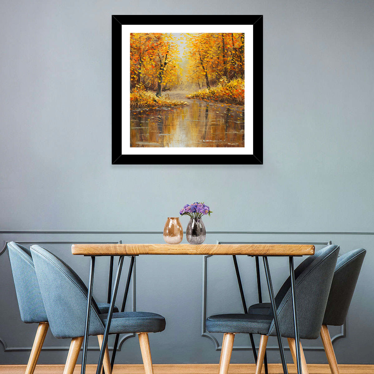 Golden Autumn River Reflection Wall Art in a room, square