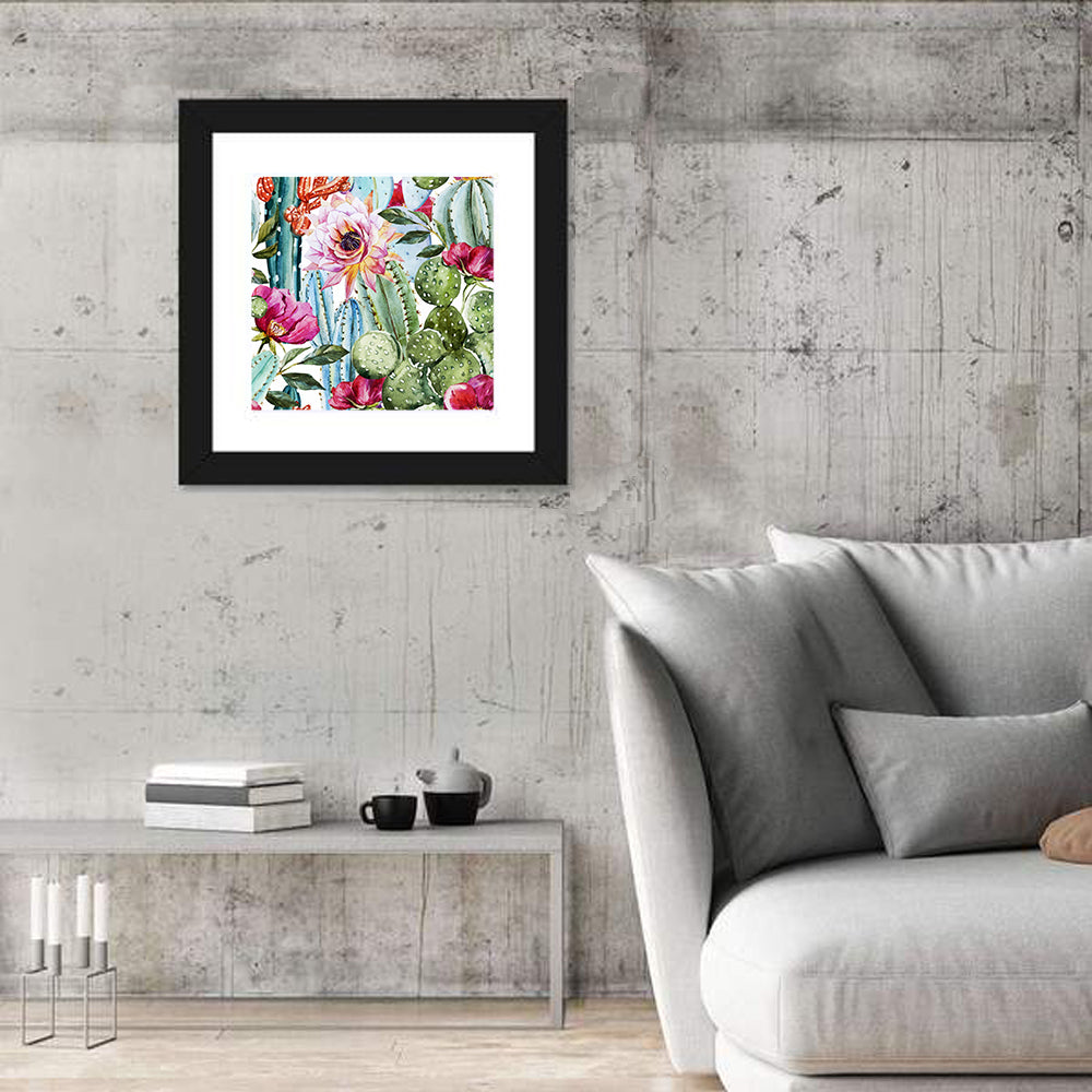 Watercolor Cactus Pattern Wall Art in a room, square