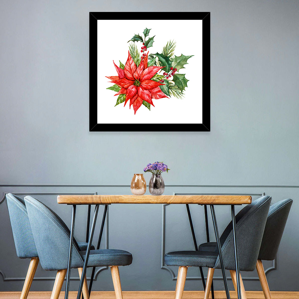 Christmas Poinsettia Watercolor Wall Art in a room, square