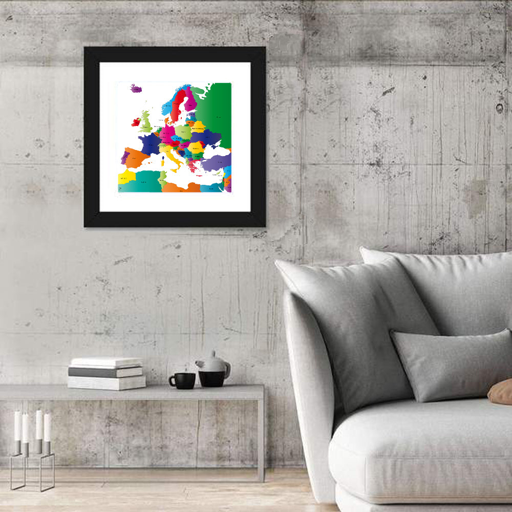 Modern Coloured Map of Europe Wall Art in a room, square