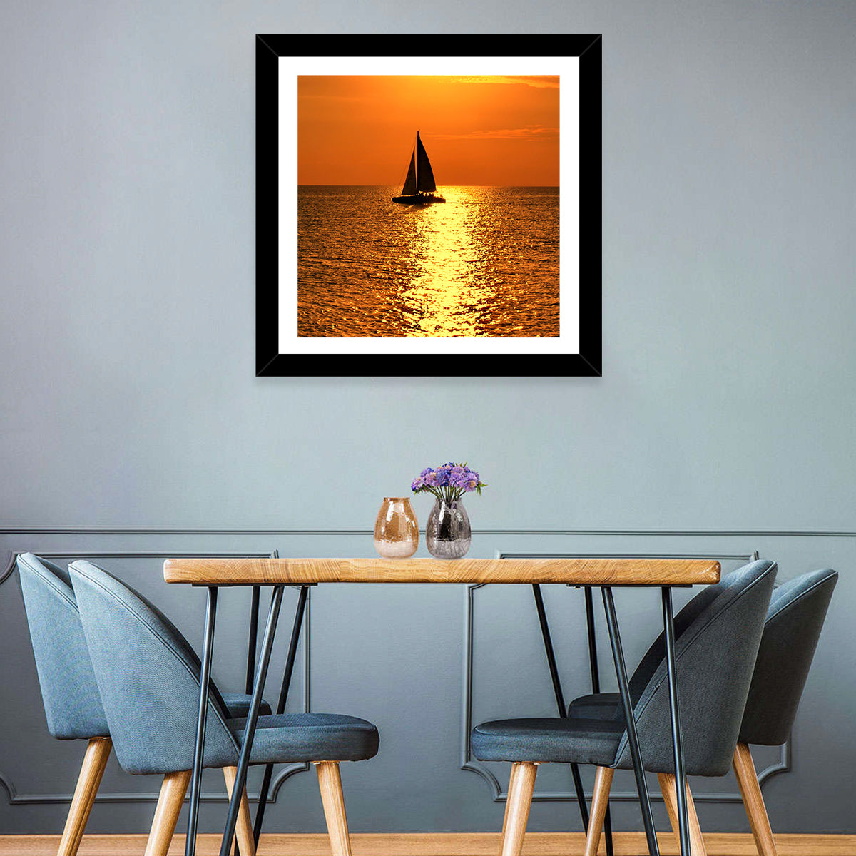 Sailboat Silhouette at Golden Sunset Wall Art