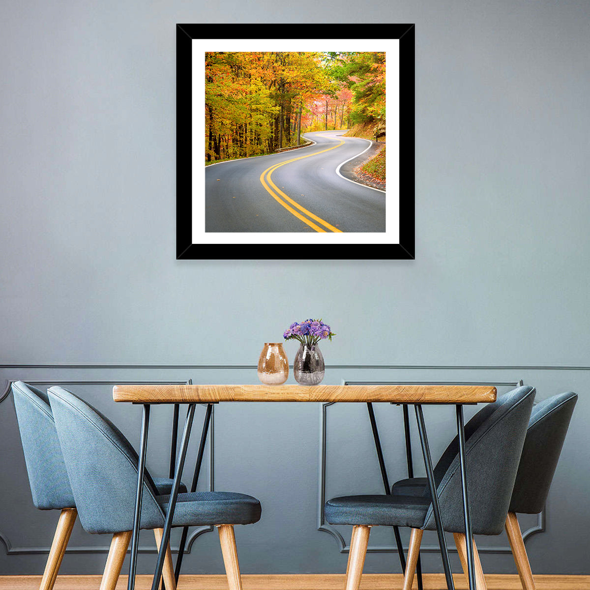 Winding Autumn Road Wall Art in a room, square