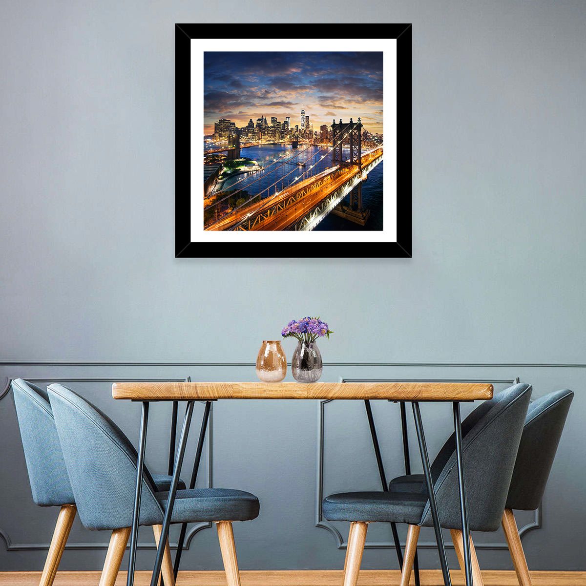 Manhattan Bridge Dusk Light Trails Wall Art in a room, square