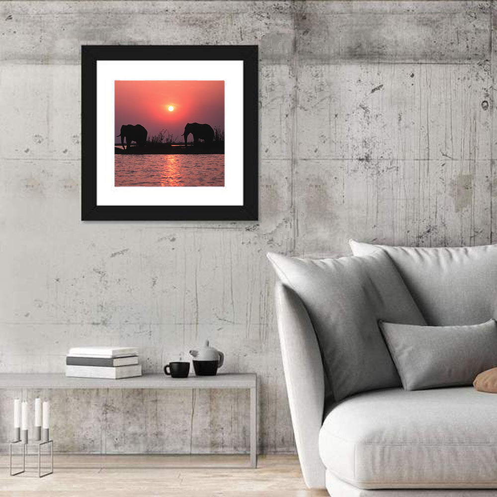 Elephants at Sunset Silhouette Wall Art