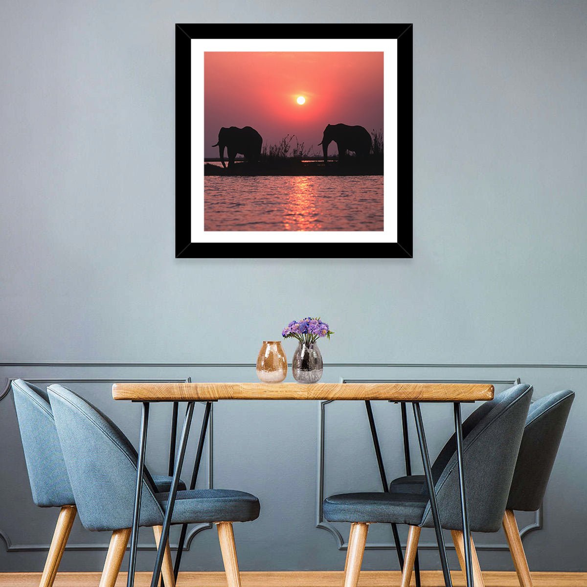 Elephants at Sunset Silhouette Wall Art