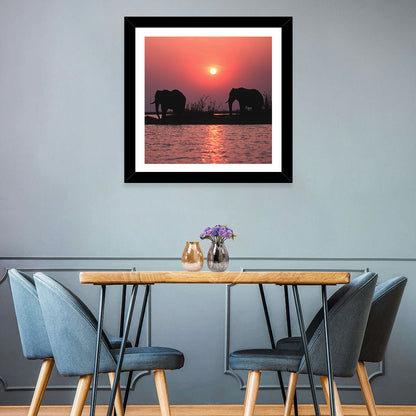 Elephants at Sunset Silhouette Wall Art