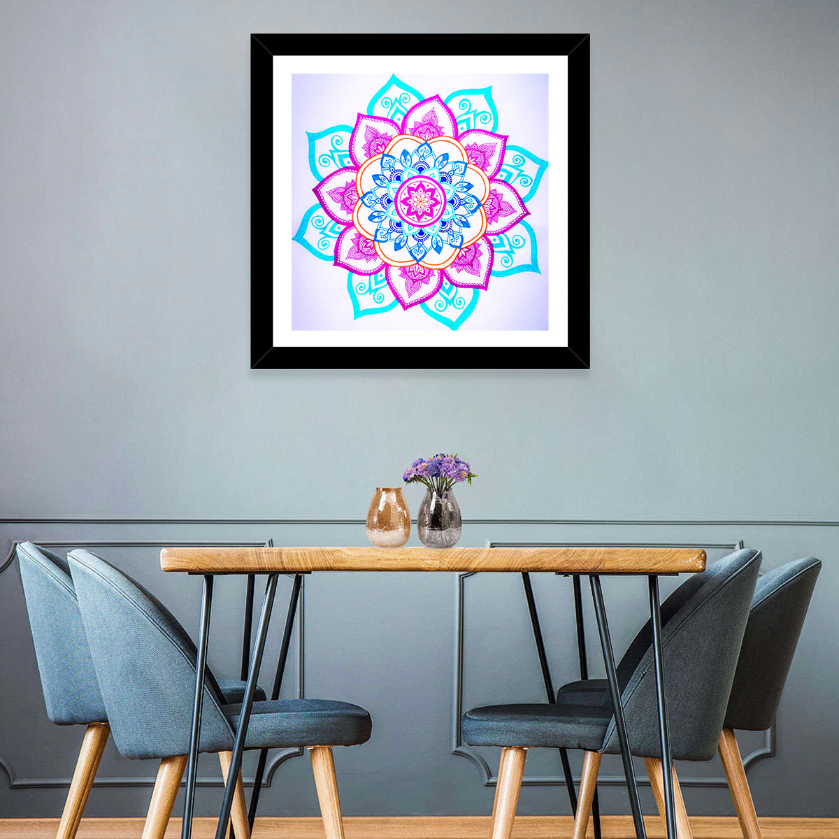 Vibrant Hand-drawn Mandala Flower Pattern Wall Art in a room, square