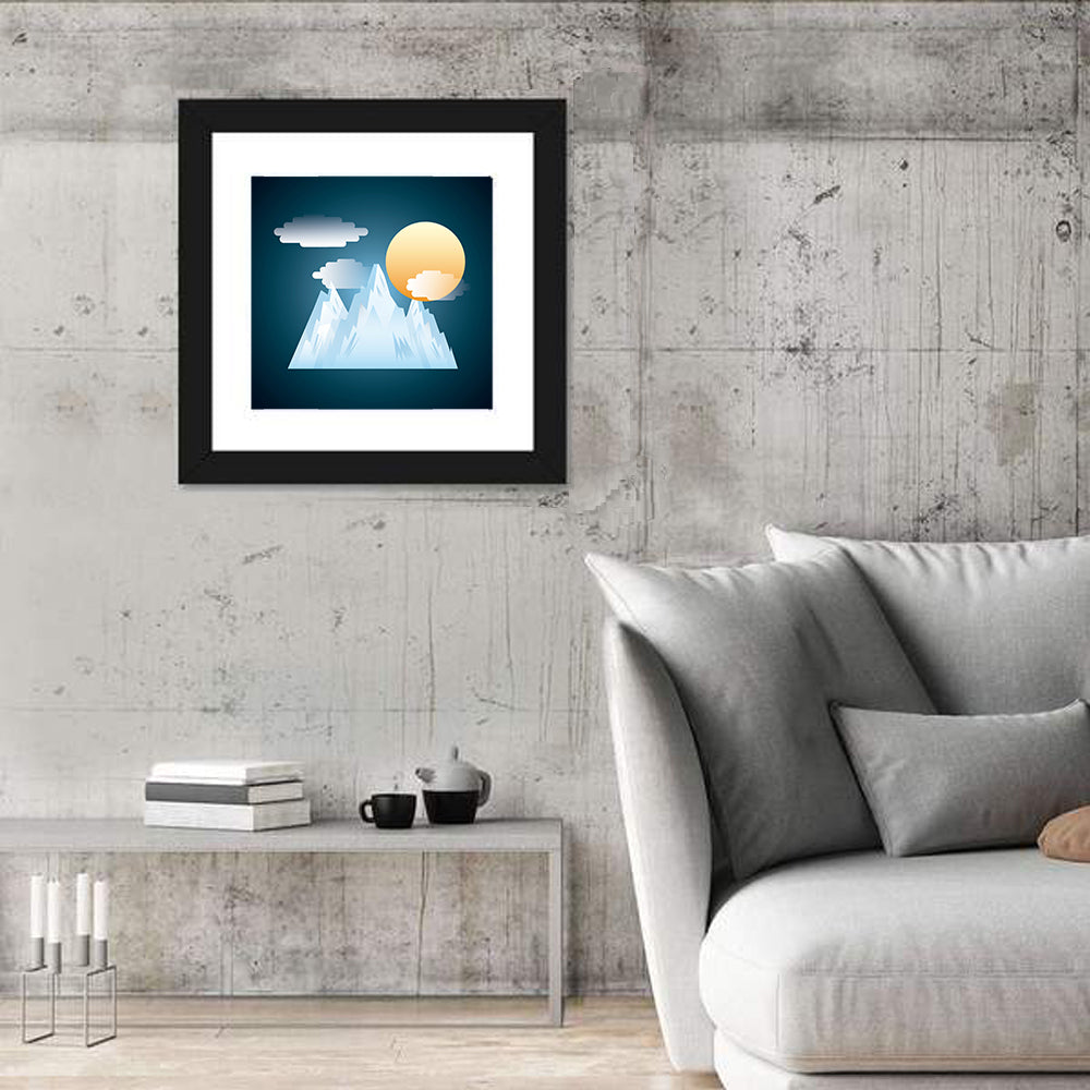Geometric Snowy Mountain with Golden Sun Wall Art