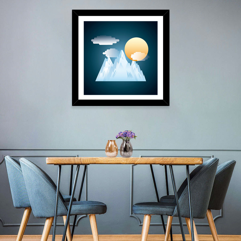 Geometric Snowy Mountain with Golden Sun Wall Art