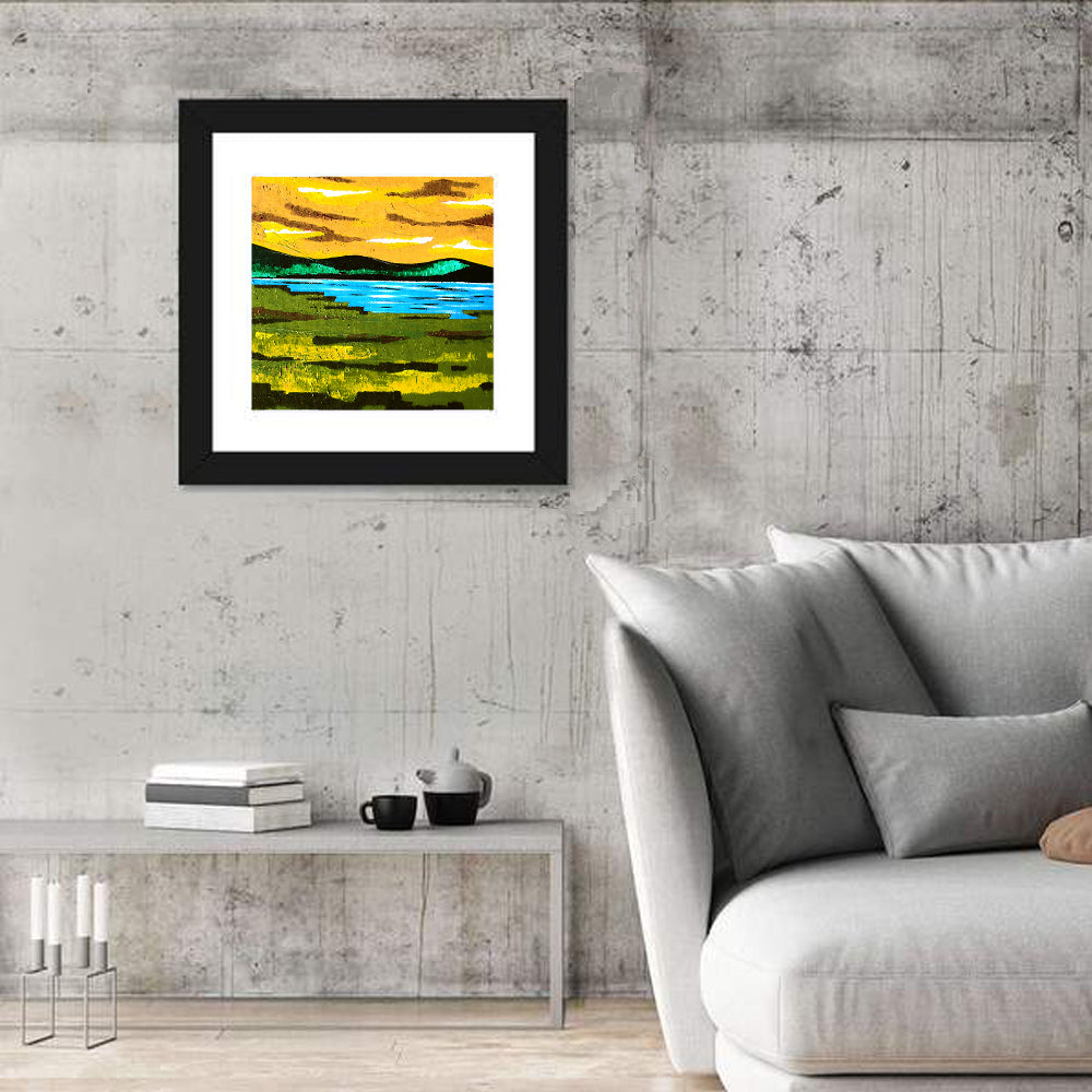 Golden Hour Mountain Lake Abstract Wall Art in a room, square