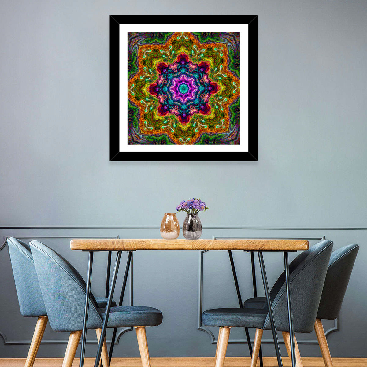 Vibrant Kaleidoscopic Mandala Ornament Wall Art in a room, square