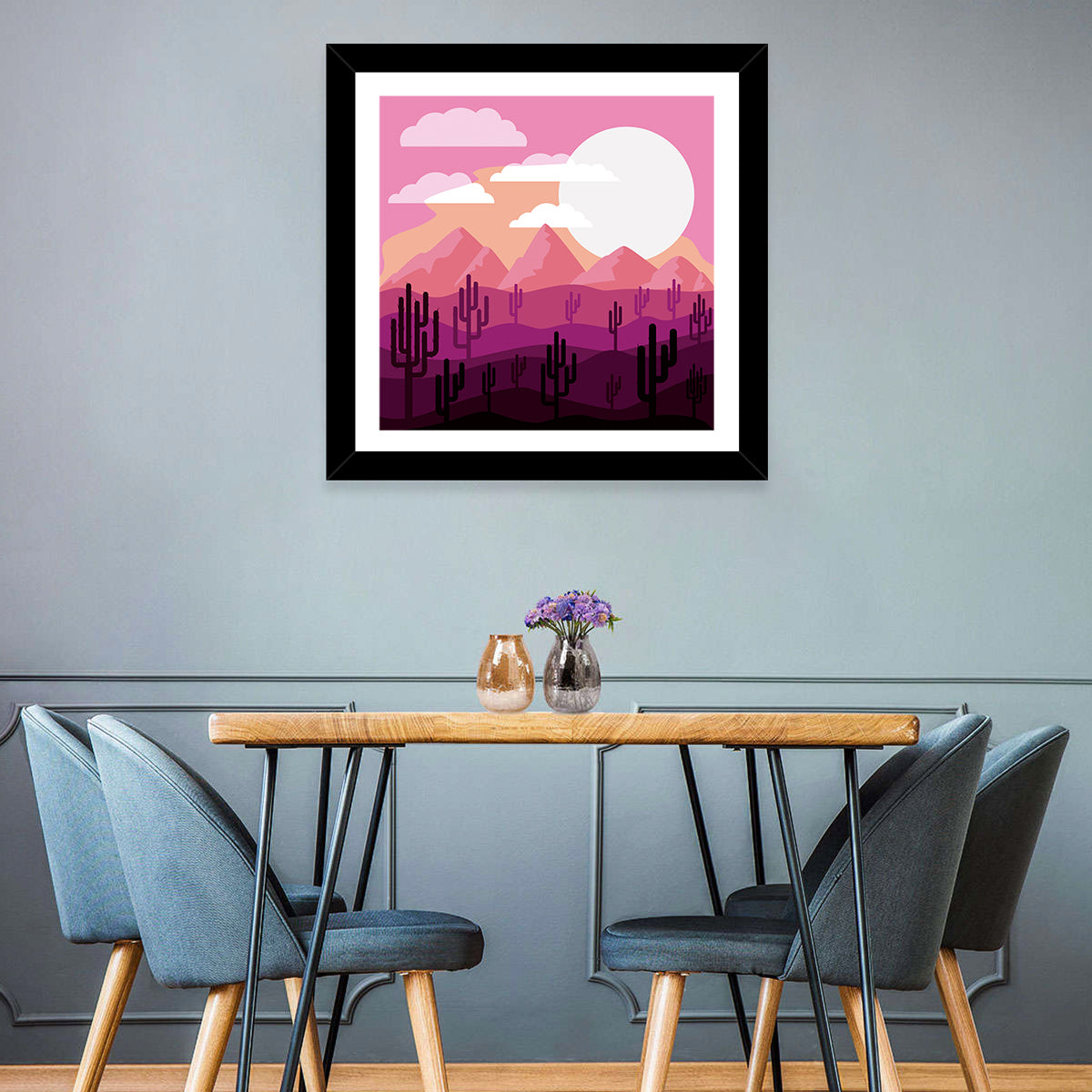 Saguaro Sunset Illustration Wall Art in a room, square